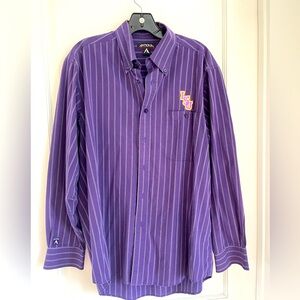 Men’s LSU button down shirt size M/M/M. Purple pinstripe with LSU insignia.